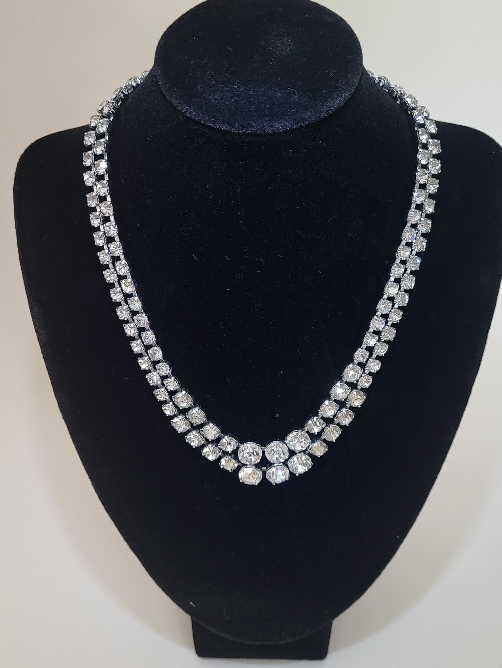 Classic Two-Row Clear Crystal Necklace - Silver Tone